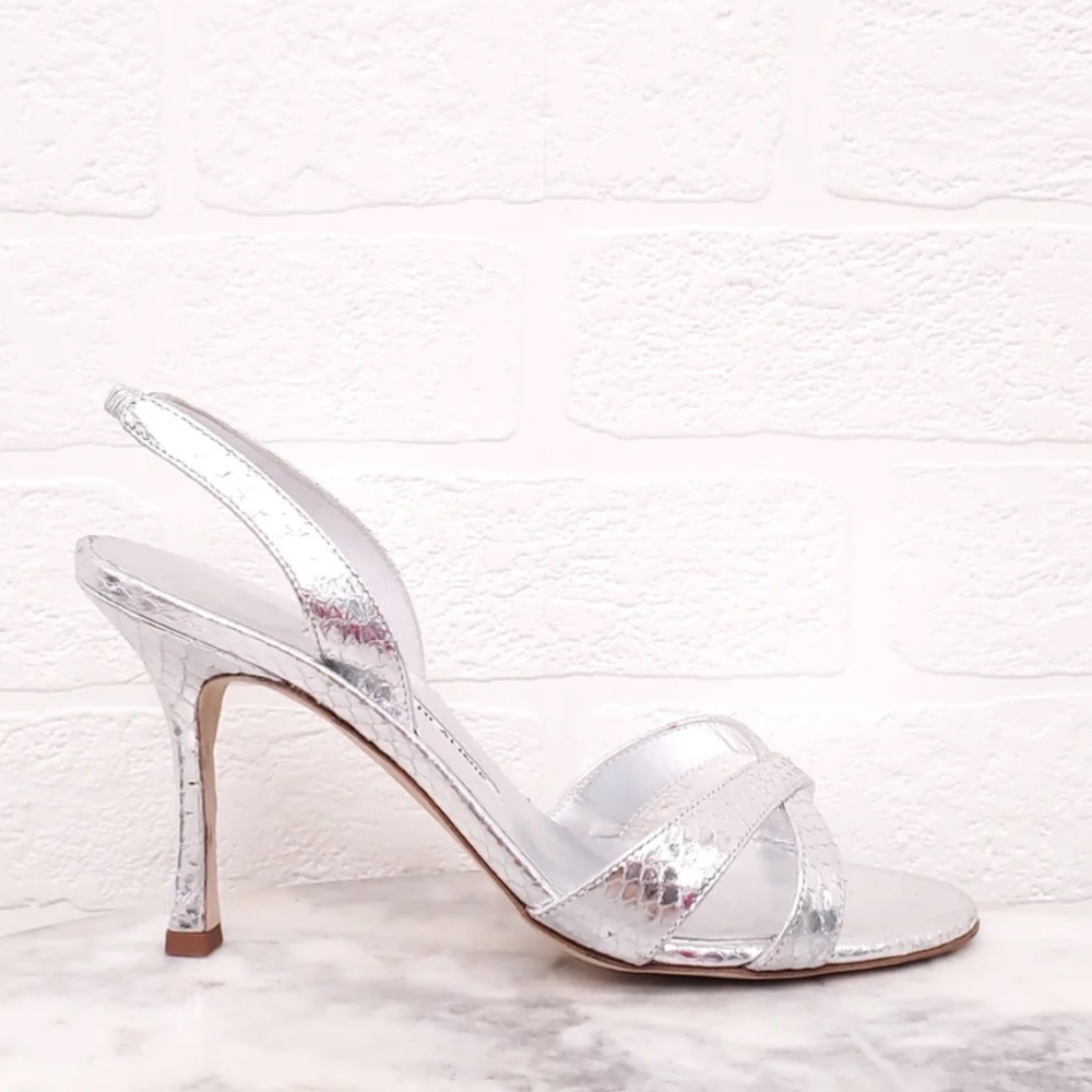 Manolo Blahnik Callasli Metallic Snake-Embossed Leather Sandals Heels Silver 38